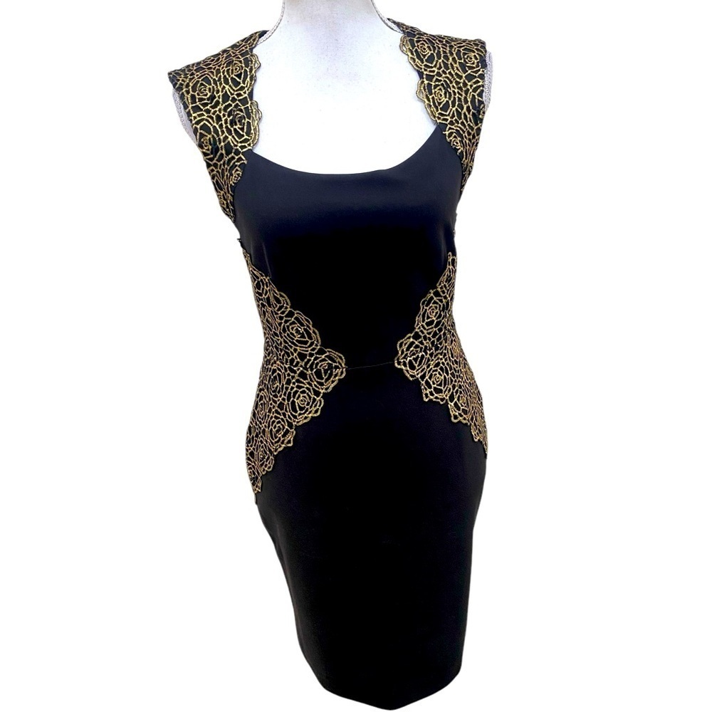 NWT Erin black & gold rosette embroidery fitted short sleeve pint dress size 4